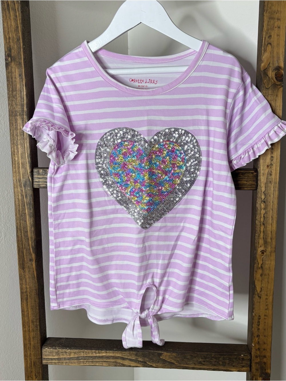 Colette & Lily Girls' Lavender Stripe Sequin Heart Tee with Front Tie Size M